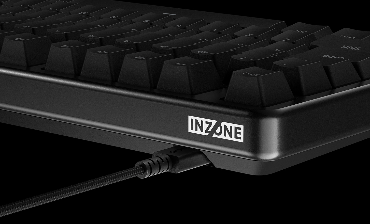 มุมมองด้านข้างของคีย์บอร์ด INZONE KBD-H75 พร้อมสายแบบขด